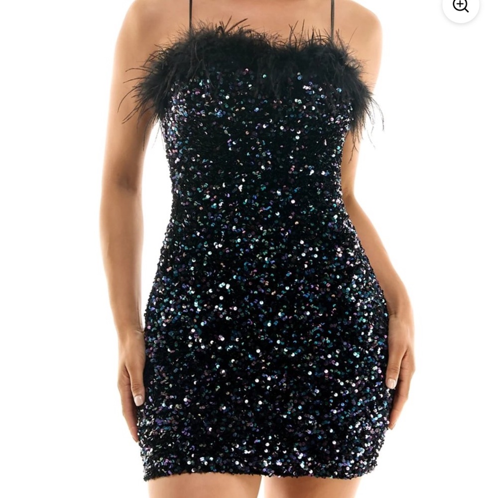 B. Darlin Juniors' Feather-Trim Sequined Velvet Halter Dress